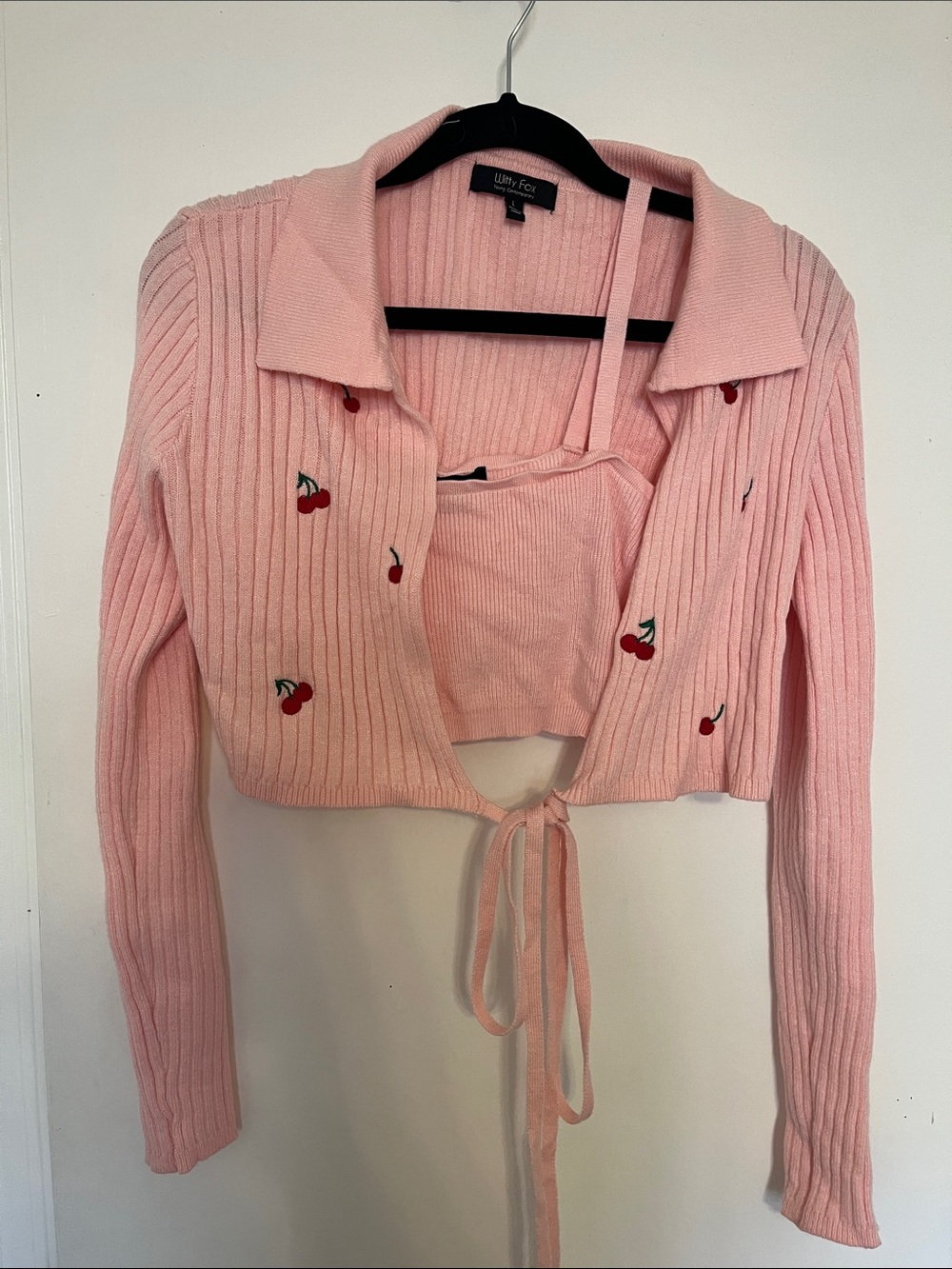 Witty fox pink top and cropped cardigan with embroidered cherry detail Pilates